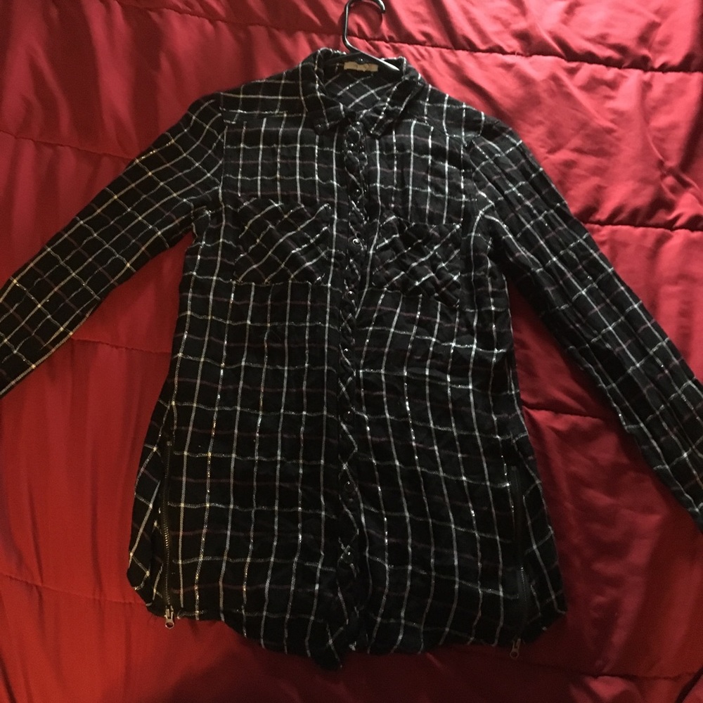 Purple, silver, and black plaid button up shirt